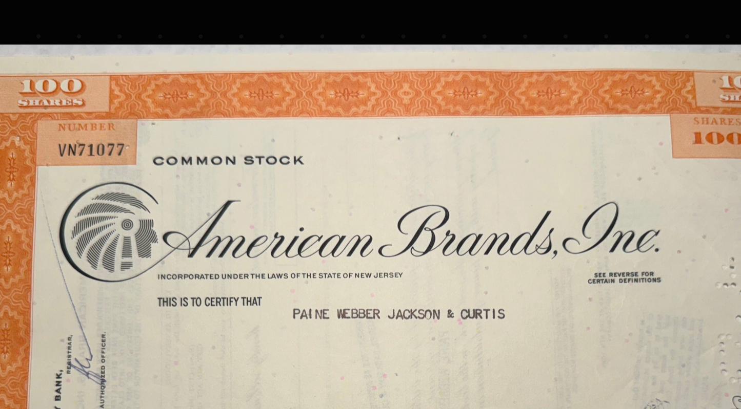 American Brands Inc Stock Certificate (Lucy Strike + Pall Mall cigarettes)