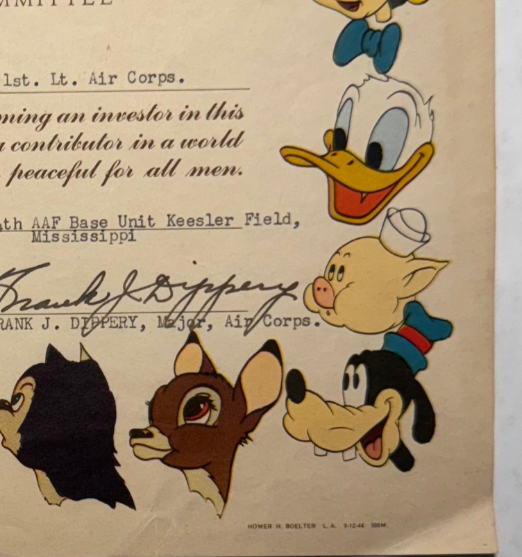 Walt Disney World War 2 Bond Certificate