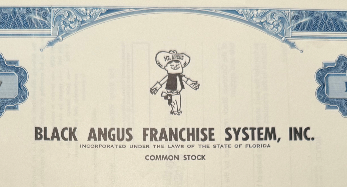 Black Angus Franchise Systems Stock Certificate