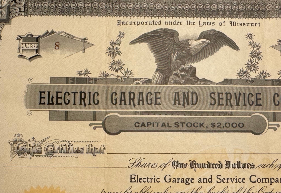 1912 Electric Garage and Service Company Stock Certificate