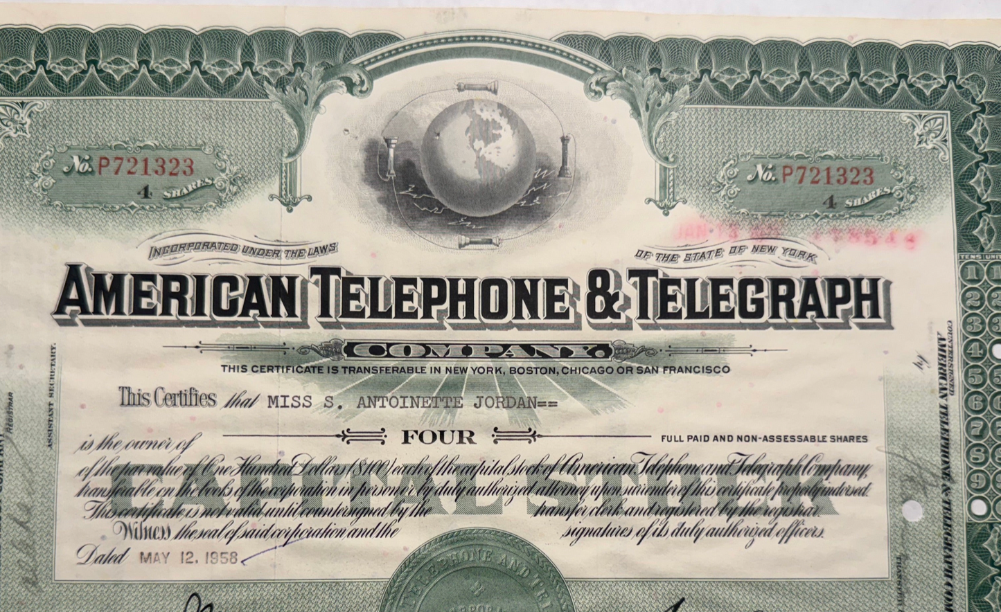 AT&T Green Stock Certificate (American Telephone & Telegraph Company)