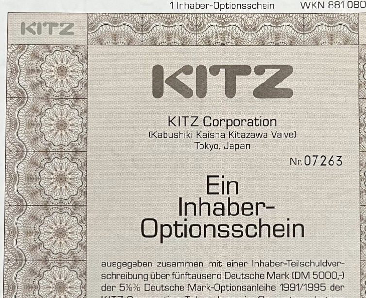 Kitz Corporation Warrant Certificate (In German via Tokyo)