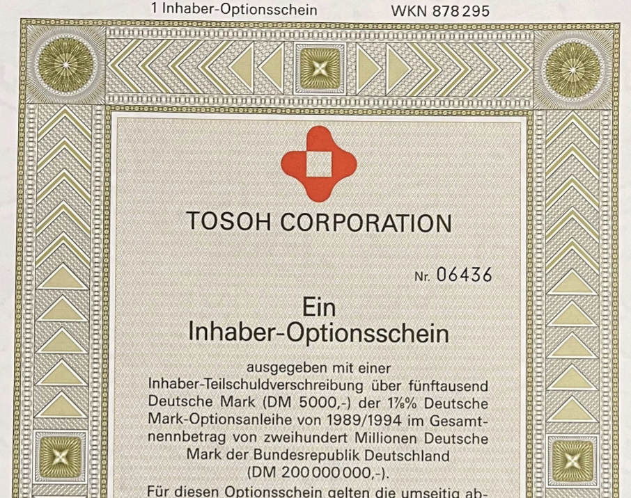 Tosoh Corporation Warrant Certificate (in German)