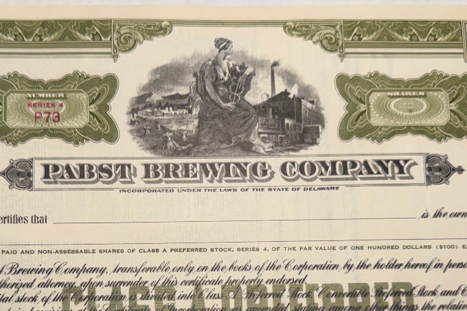 Pabst Blue Ribbon (Unissued!) Stock Certificate