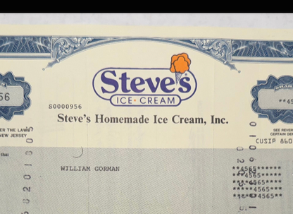 Steve's Homemade Ice Cream, Inc Stock Certificate