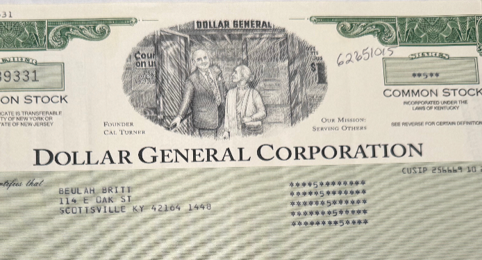 Dollar General Green Stock Certificate (with founders) Stock Certificate