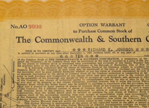 The Commonwealth and Southern Corp Stock Certificate