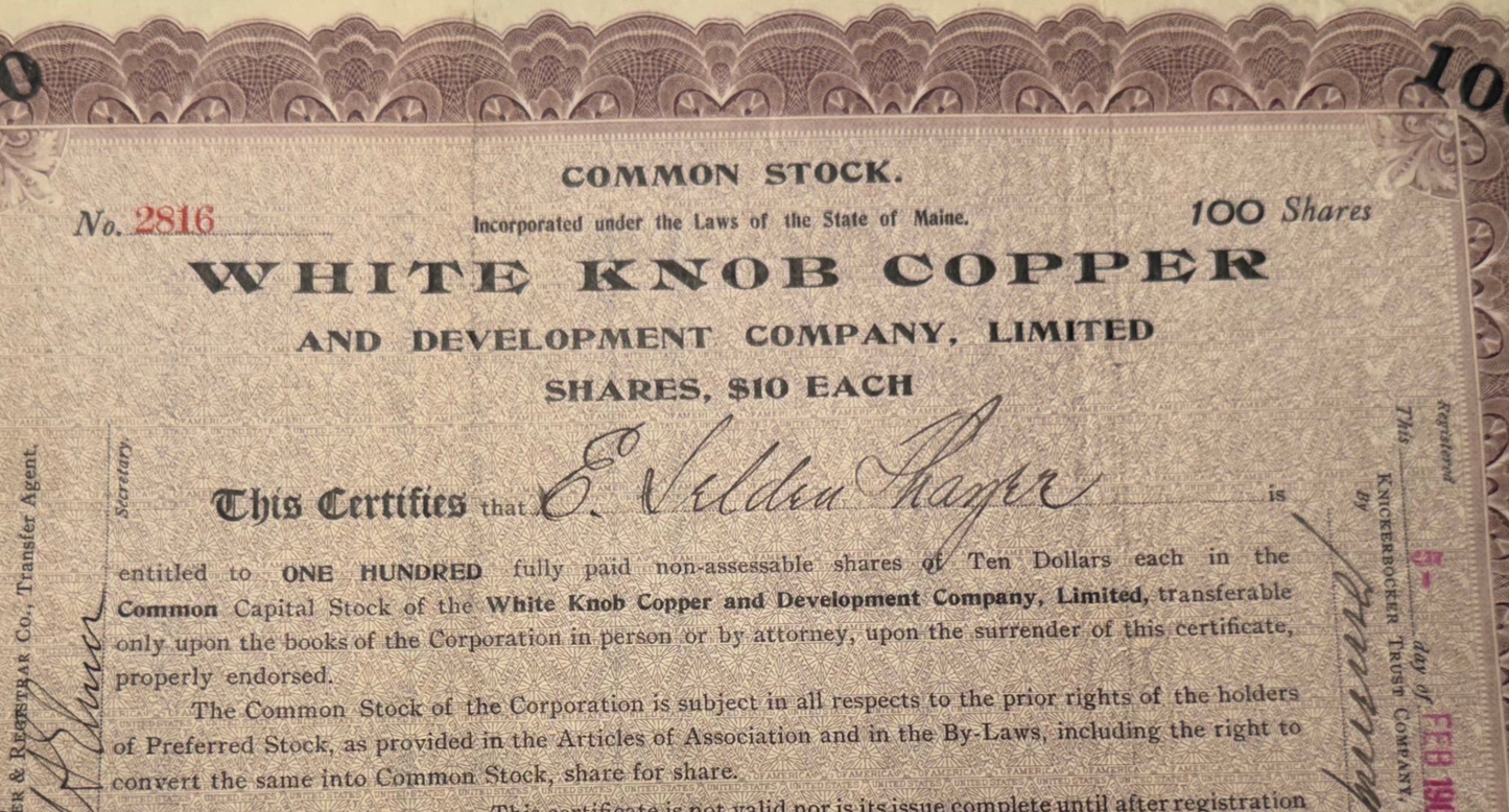 White Knob Copper & Development Company Stock Certificate