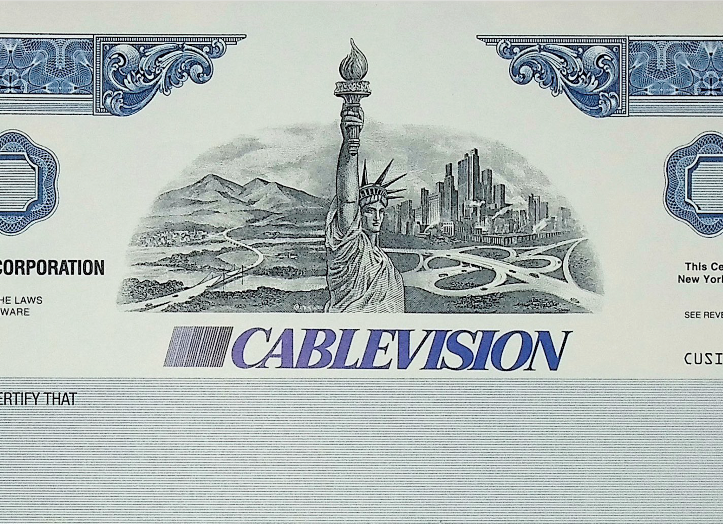 Cablevision (NY area) Specimen Stock Certificate