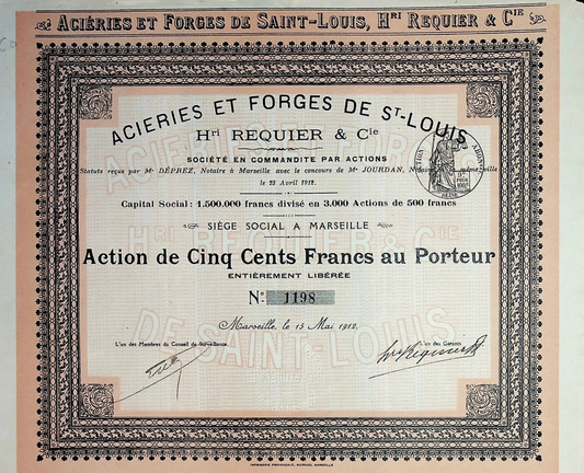 Aciéries et Forges de Saint-Louis Bond Certificate (Marseille, France) 1912