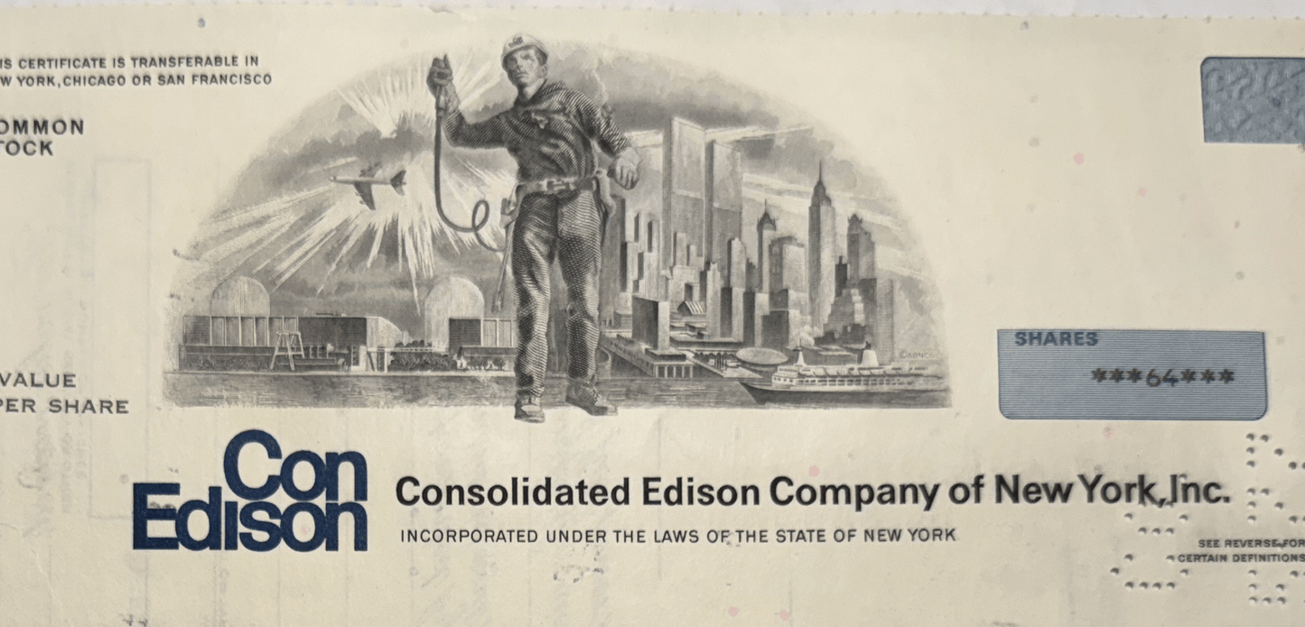 ConEd (Consolidated Edison Company of New York) Stock Certificate - Featuring Twin Towers / NYC Skyline