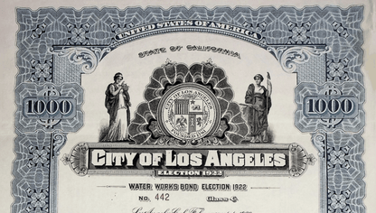 City of Los Angeles Water Works Bond Certificate Signed By Mayor George E. Cryer in 1941