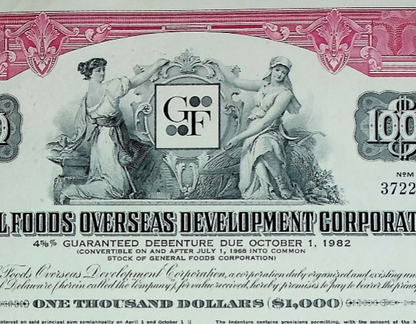 General Foods (now Kraft) Overseas Development Corporation Bond Certificate from 1967