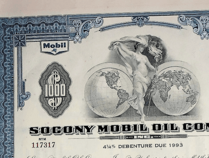 Socony Mobil Oil Company Bond Certificate from 1963 with coupon sheet