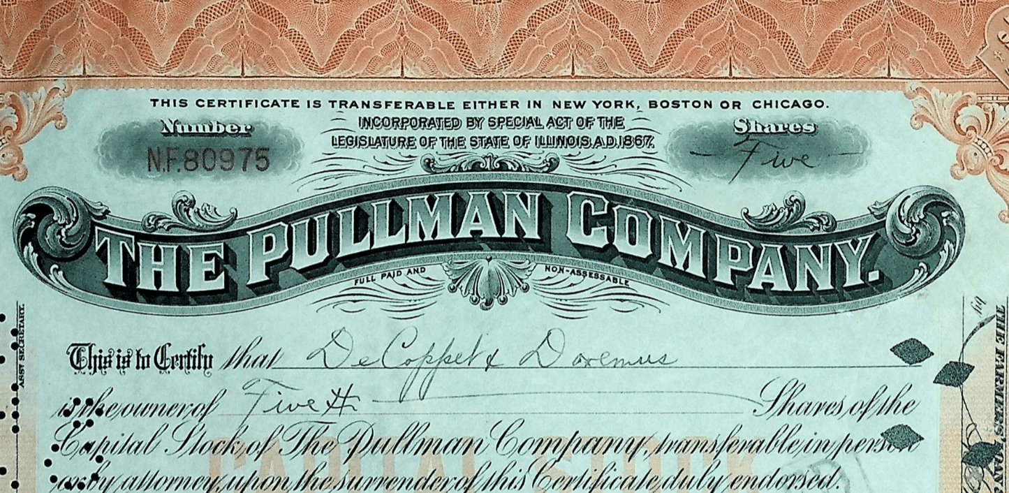 The Pullman Company Stock Certificate from 1925 (Luxury Train Cars)