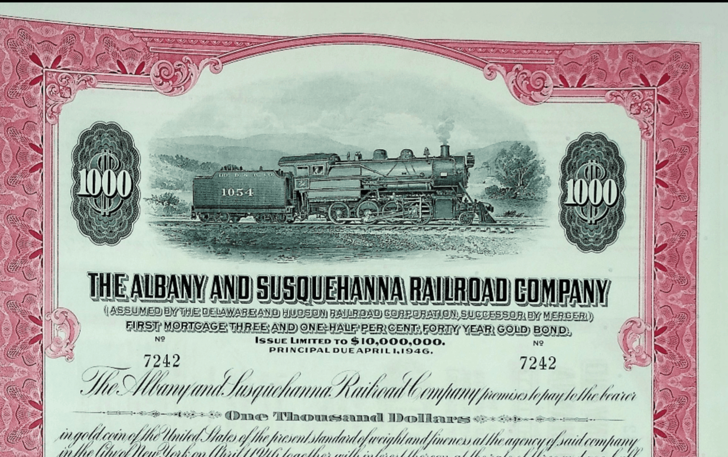 The Albany and Susquehanna Railroad Company Bond from 1946 with coupons