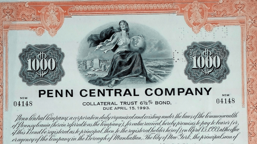 Penn Central Company Bond Certificate 1968 (with sheet of coupons)