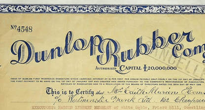 Large Dunlop Rubber Company (Goodyear / Dunlop Sports) Limited Stock Certificate from 1947