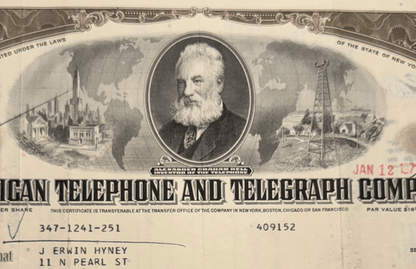 AT&T - American Telephone & Telegraph Company (feat Alexander Graham Bell) Stock Certificate