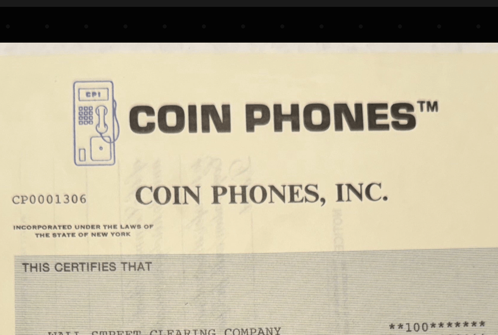 Coin Phones, Inc Stock Certificate