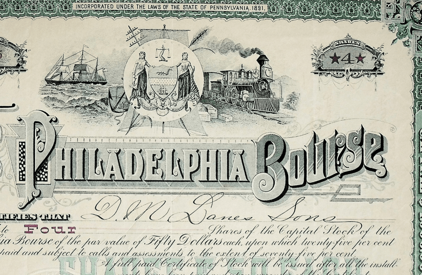 The Philadelphia Bourse Stock Certificate 1890s (Commodities Exchange)