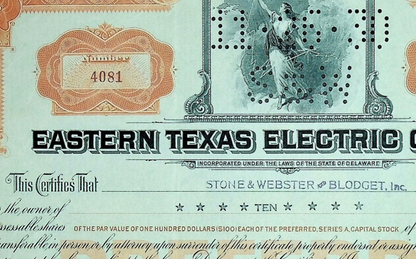 Eastern Texas Electric Company Stock Certificate 1929/1930 era