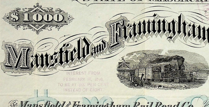 Mansfield & Framingham (Massachusetts) Railroad Company Bond Certificate - Rare from 1870s