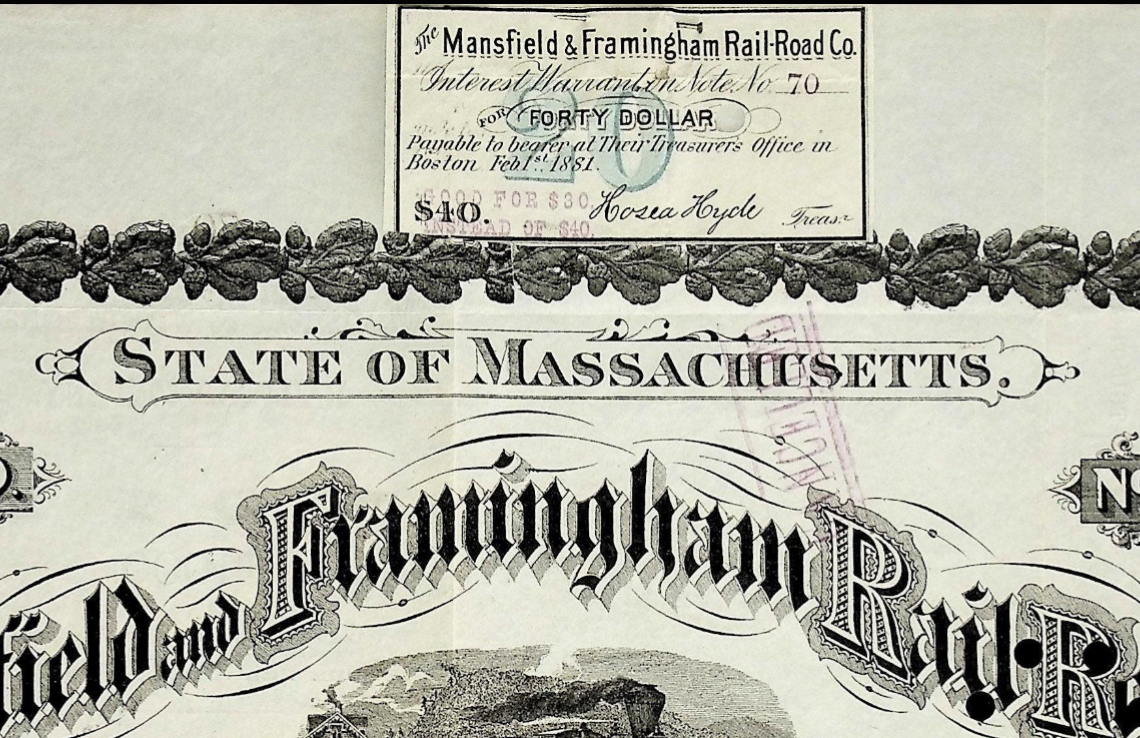 Mansfield & Framingham (Massachusetts) Railroad Company Bond Certificate - Rare from 1870s