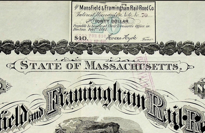 Mansfield & Framingham (Massachusetts) Railroad Company Bond Certificate - Rare from 1870s