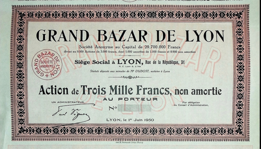 Grand Bazar de Lyon (French) Stock Certificate from 1950s