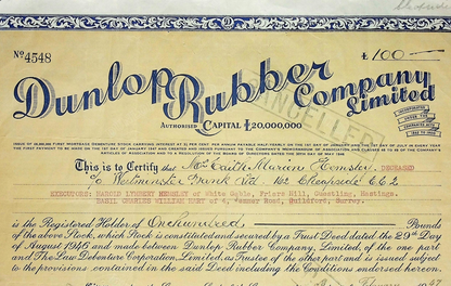 Large Dunlop Rubber Company (Goodyear / Dunlop Sports) Limited Stock Certificate from 1947