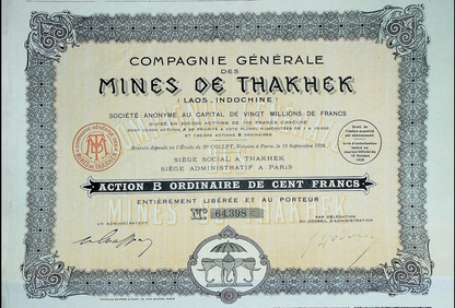 Mines de Thakhek (French mining Laos/ Indochina) from 1928 Stock Certificate