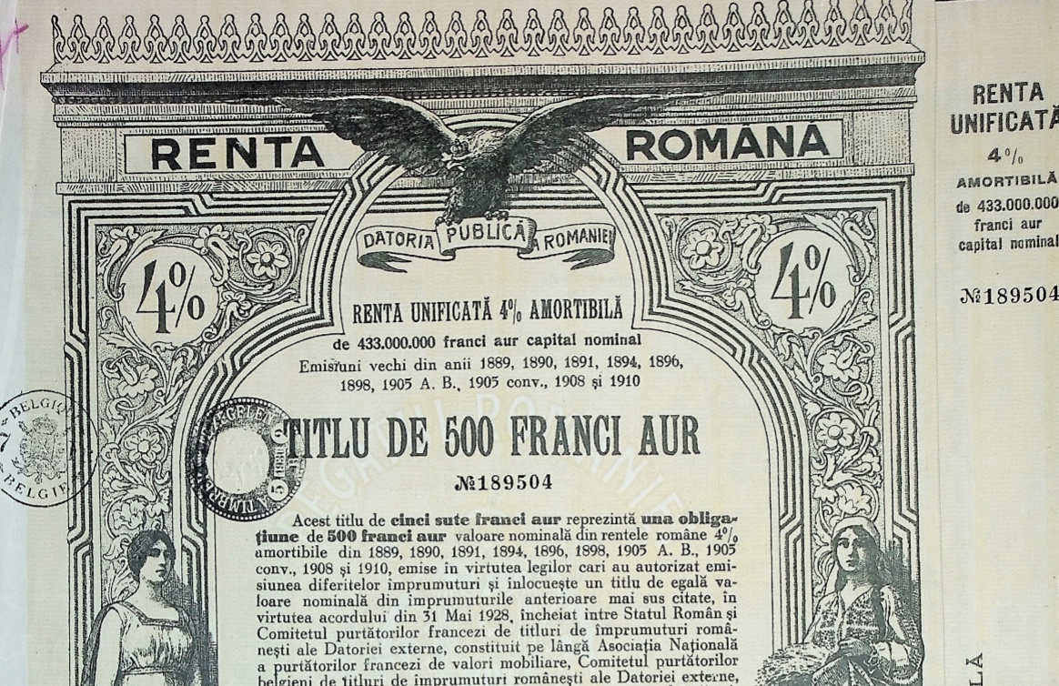 Romanian Government Uncanceled Bond (Renta Romana) - 1929 from Bucharest