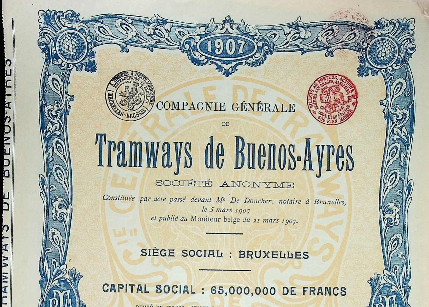 Tramways de Buenos-Ayres Dividend Certificate from 1907