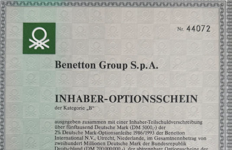 Benetton Group (Fashion co) S.p.A German Certificate from 1986