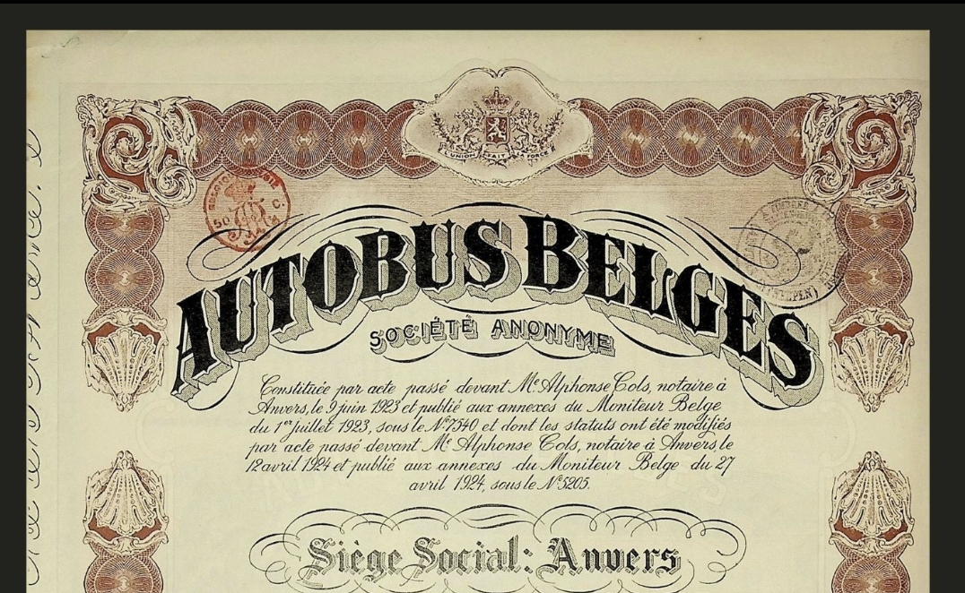 Autobus Belges (Societe Anonyme) Stock Certificate from 1924