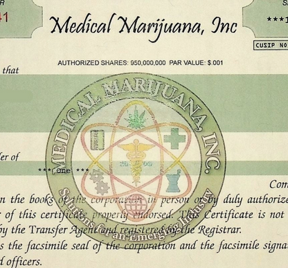 Medical Marijuana, Inc Stock Certificate from 2013