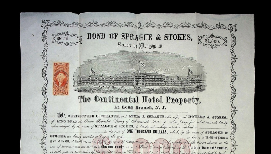 Sprague & Stokes Continental Hotel Long Branch NJ Bond from 1866