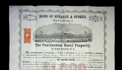 Sprague & Stokes Continental Hotel Long Branch NJ Bond from 1866
