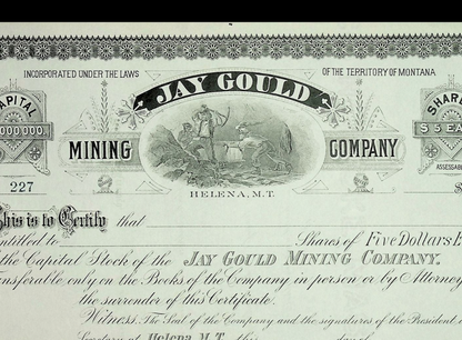 Jay Gould Mining Company (Montana) Unissued Stock Certificate 1800s