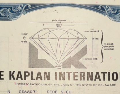 Lazare Kaplan International Inc Stock Certificate (features a diamond) from 1970s