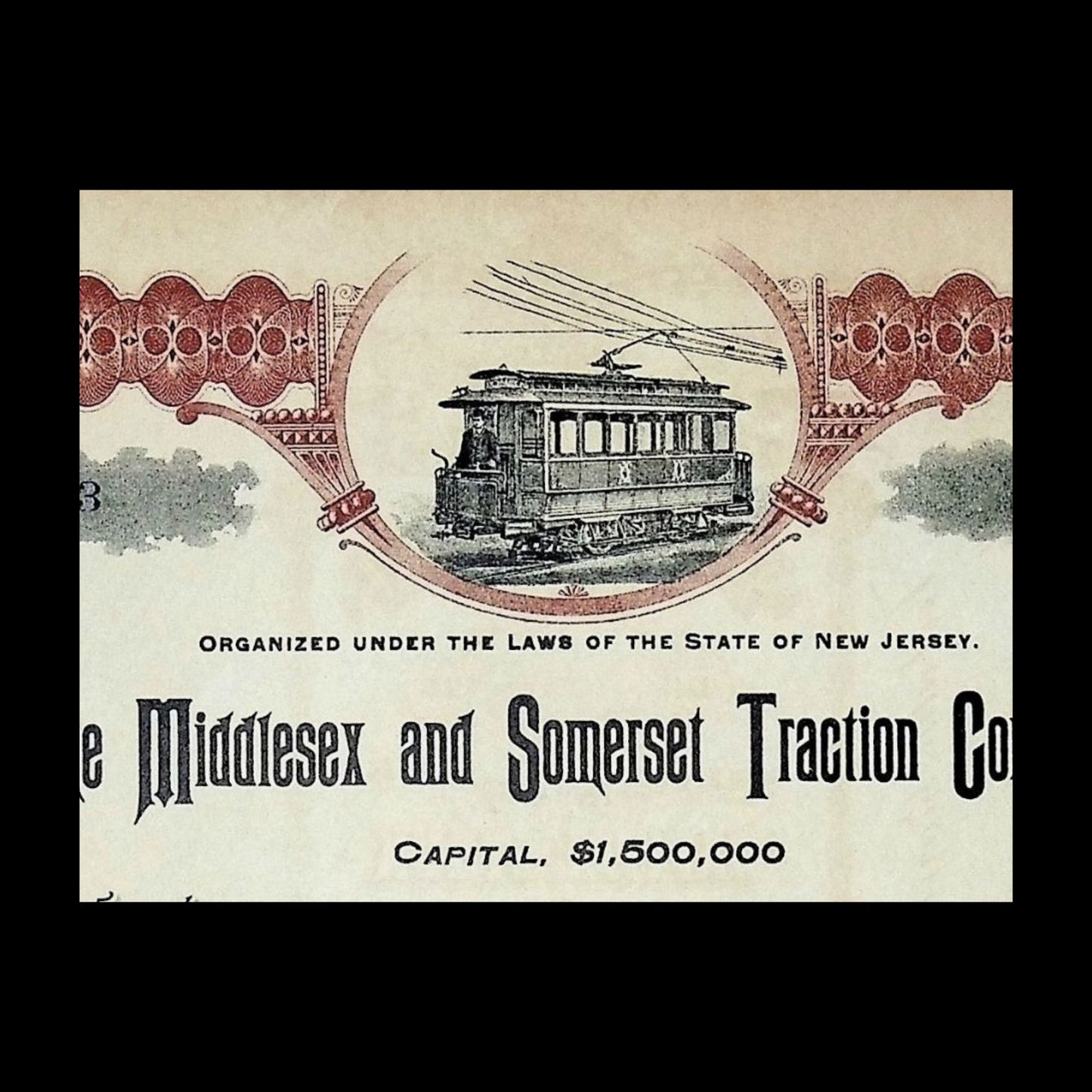 The Middlesex and Somerset Traction Company Unissued Stock Certificate from 1900s