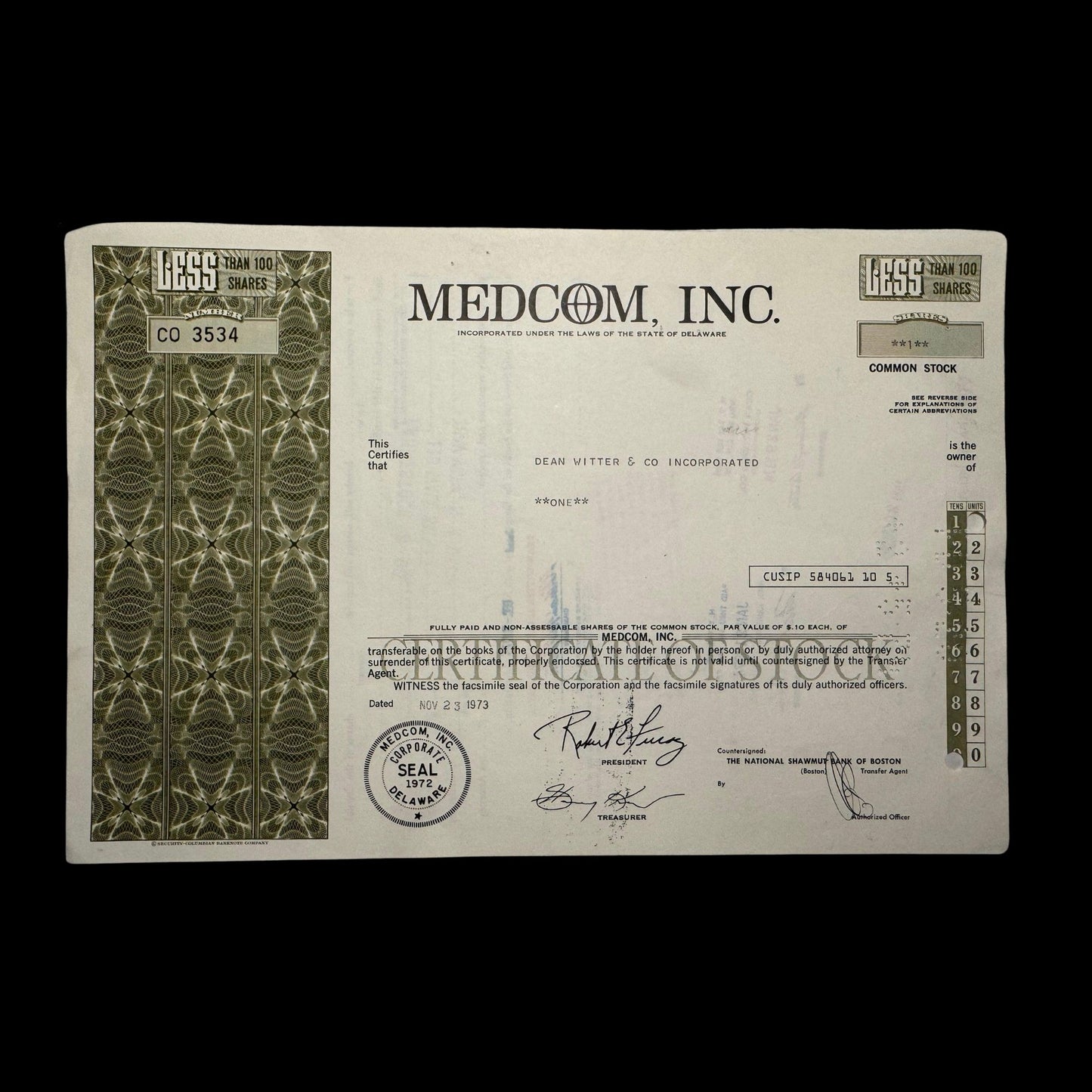 Medcom Inc (now Baxter) Stock Certificate from 1973