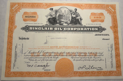  This orange stock certificate from Sinclair Oil Corporation, issued in 1967, features cancellation holes, stamps, and handwriting, reflecting its authenticity and historical use.