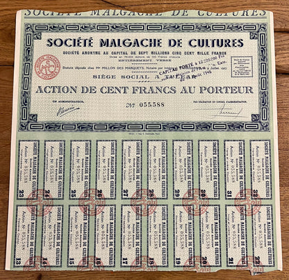 Société Malgache de Cultures - French Madagascar Stock Certificate