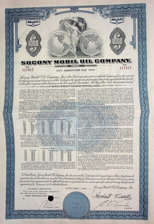 Socony Mobil Oil Company Bond Certificate from 1963 with coupon sheet