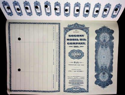 Socony Mobil Oil Company Bond Certificate from 1963 with coupon sheet