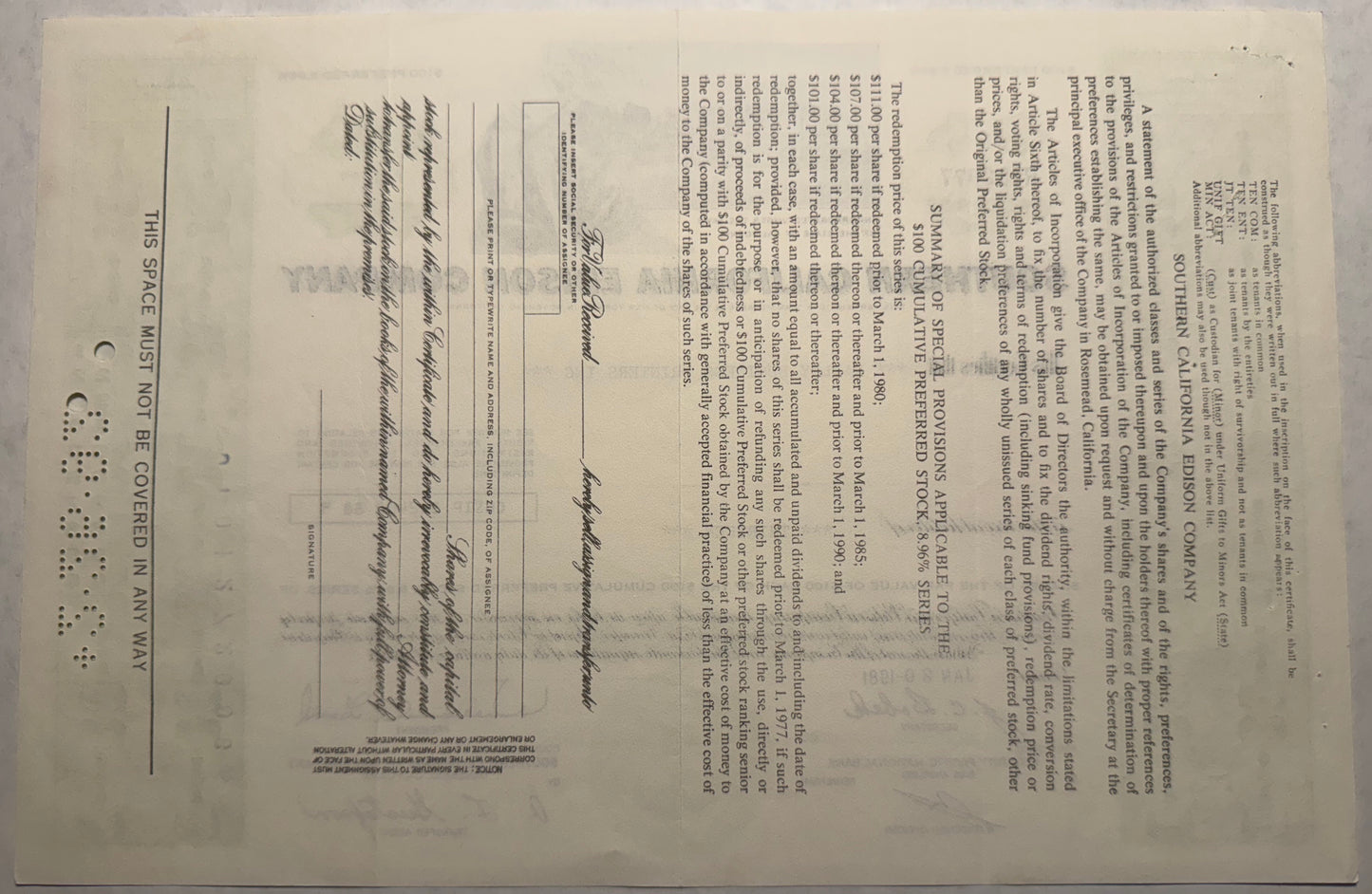 Southern California Edison Company Stock Certificate (green & turquoise)