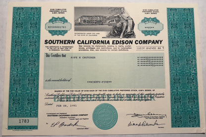 Southern California Edison Company Stock Certificate (green & turquoise)