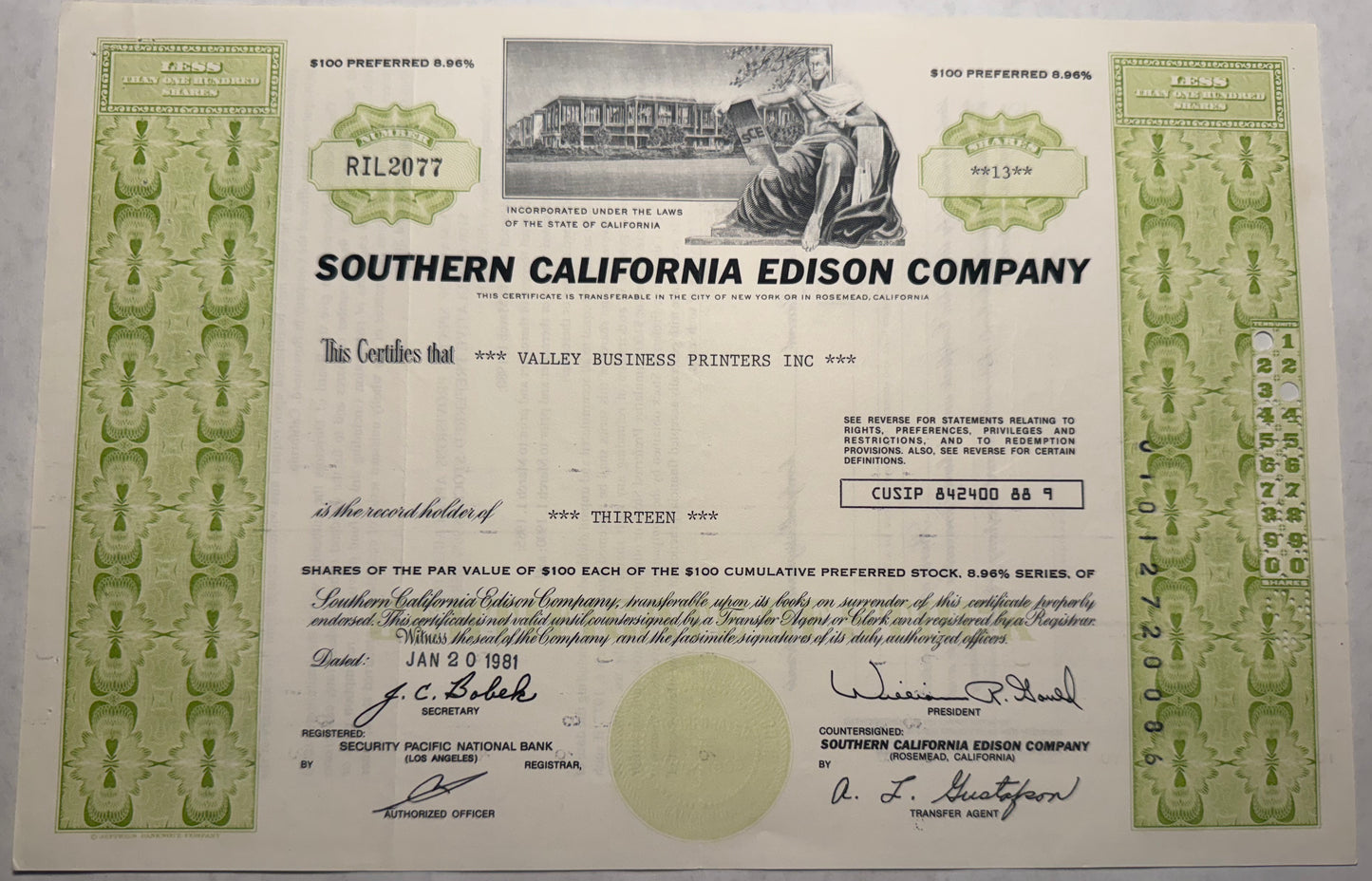 Southern California Edison Company Stock Certificate